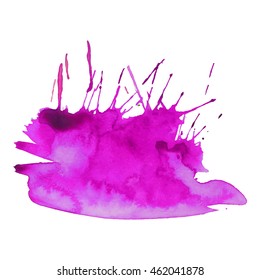 Expressive abstract watercolor stain with splashes and drops of bright pink color.