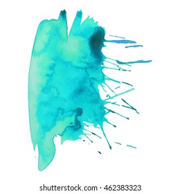 Expressive abstract watercolor stain with splashes and drops of light blue color.