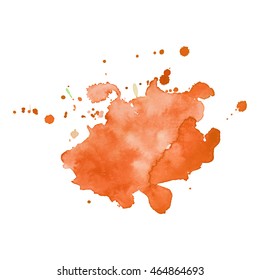 Expressive abstract watercolor stain with splashes and drops of bright orange color.