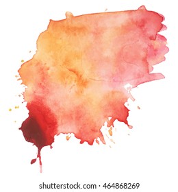 Expressive abstract watercolor stain with splashes and drops of red orange color.  Design background for banner and flyers