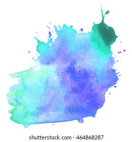 Expressive abstract watercolor stain with splashes and drops of green volet color. Design background for banner and flyers
