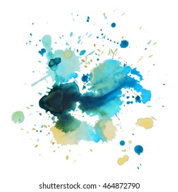 Expressive abstract watercolor stain with splashes and drops of green yellow blue color. Design background for banner and flyers