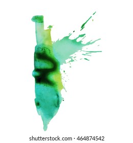 Expressive abstract watercolor stain with splashes and drops of blue color. Design background for banner and flyers
