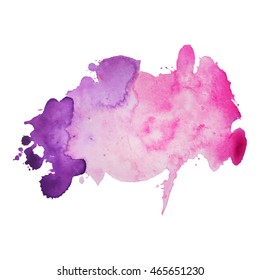 Expressive abstract watercolor stain with splashes and drops of pink purple color.