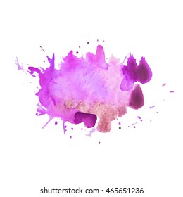 Expressive abstract watercolor stain with splashes and drops of purple pink color.