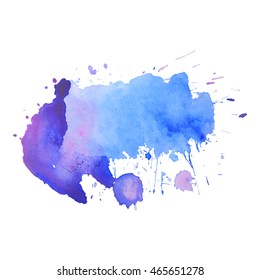 Expressive abstract watercolor stain with splashes and drops of blue violet color.