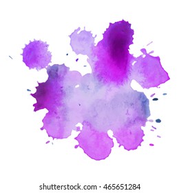 Expressive abstract watercolor stain with splashes and drops of purple pink color.