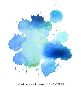 Expressive abstract watercolor stain with splashes and drops of sky blue color.