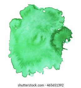 Expressive abstract watercolor stain with splashes and drops of emerald color.