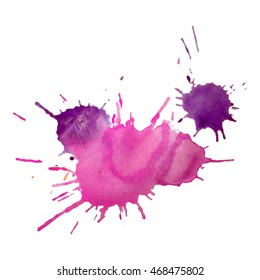 Expressive abstract watercolor stain with splashes and drops of pink violet color. Watercolor background