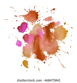 Expressive abstract watercolor stain with splashes and drops of light violet color. Watercolor background