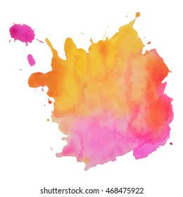 Expressive abstract watercolor stain with splashes and drops of light pink yellow color. Watercolor background