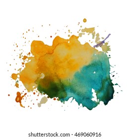 Expressive abstract watercolor stain with splashes and drops of yellow green color. Watercolor background