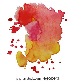 Expressive abstract watercolor stain with splashes and drops of orange red color. Watercolor background