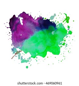 Expressive abstract watercolor stain with splashes and drops of violet green color. Watercolor background