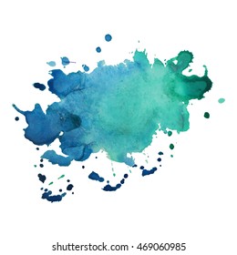 Expressive abstract watercolor stain with splashes and drops of turquoise color. Watercolor background