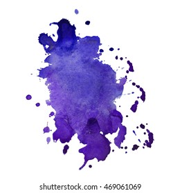 Mancha de acuarela abstracta expresiva con salpicaduras y gotas de color violeta. Fondo de color agua