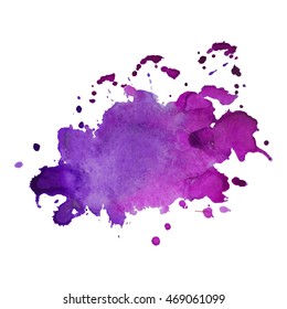 Expressive abstract watercolor stain with splashes and drops of violet pink blue color. Watercolor background