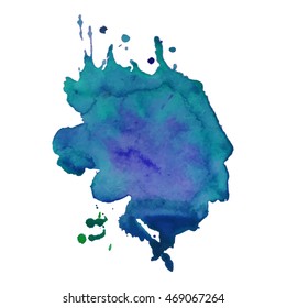 Expressive abstract watercolor stain with splashes and drops of violet pink blue color. Watercolor background