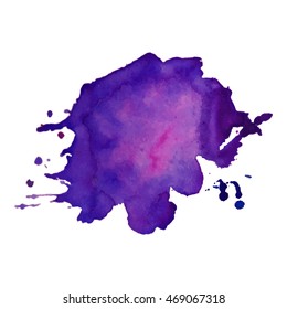 Expressive abstract watercolor stain with splashes and drops of violet pink color. Watercolor background
