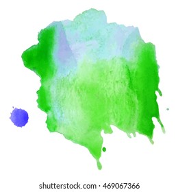 Expressive abstract watercolor stain with splashes and drops of green color. Watercolor background