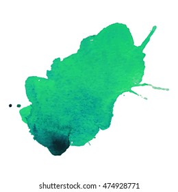 Expressive abstract watercolor stain with splashes and drops of green color. Watercolor background