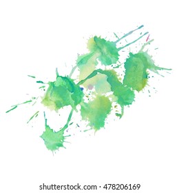 Expressive abstract watercolor stain with splashes and drops of light green color. Watercolor background