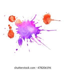 Expressive abstract watercolor stain with splashes and drops of pink purple color. Watercolor background