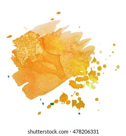 Expressive abstract watercolor stain with splashes and drops of yellow color. Watercolor background