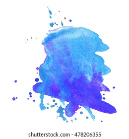 Expressive abstract watercolor stain with splashes and drops of sky blue violet color. Watercolor background