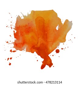 Expressive abstract watercolor stain with splashes and drops of orange color. Watercolor background