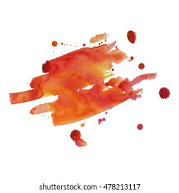 Expressive abstract watercolor stain with splashes and drops of red orange color. Watercolor background