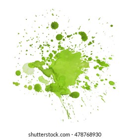 Expressive abstract watercolor stain with splashes and drops of light green color. Watercolor background