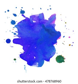 Expressive abstract watercolor stain with splashes and drops of blue violet color. Watercolor background