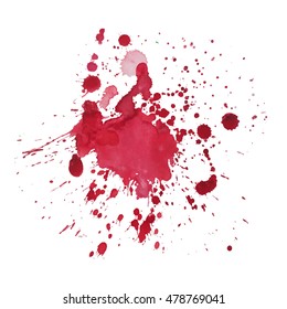 Expressive abstract watercolor stain with splashes and drops of red crimson color. Watercolor background