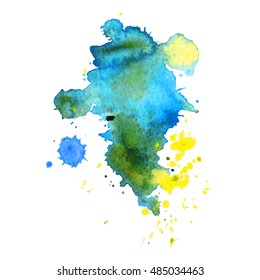 Expressive abstract watercolor stain with splashes and drops of blue yellow color. Watercolor background