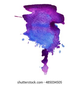 Expressive abstract watercolor stain with splashes and drops of blue purple color. Watercolor background