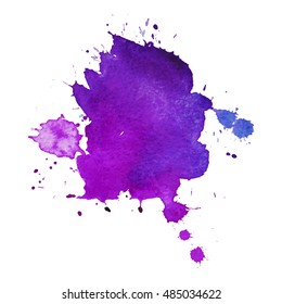 Expressive abstract watercolor stain with splashes and drops of purple color. Watercolor background