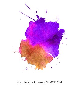 Expressive abstract watercolor stain with splashes and drops of violet orange color. Watercolor background