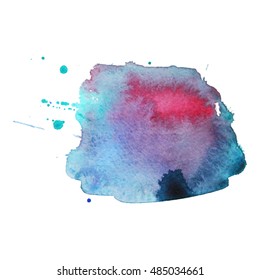 Expressive abstract watercolor stain with splashes and drops of blue pink color. Watercolor background