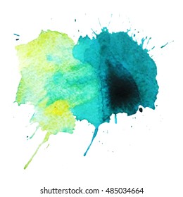Expressive abstract watercolor stain with splashes and drops of yellow green color. Watercolor background