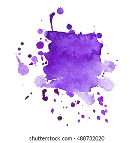 Expressive abstract watercolor stain with splashes and drops of purple color. Watercolor background