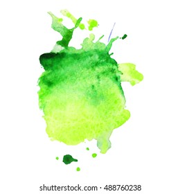 Expressive abstract watercolor stain with splashes and drops of green yellow color. Watercolor background