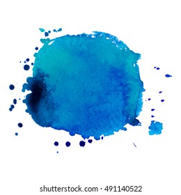 Expressive abstract watercolor stain with splashes and drops of blue color. Watercolor background