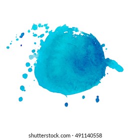 Expressive abstract watercolor stain with splashes and drops of blue color. Watercolor background