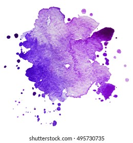 Expressive abstract watercolor stain with splashes and drops of purple color. Watercolor background