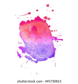 Expressive abstract watercolor stain with splashes and drops of purple red color. Watercolor background
