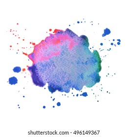 Expressive abstract watercolor stain with splashes and drops of pink violet green color. Watercolor background