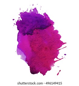 Expressive abstract watercolor stain with splashes and drops of fuchsia color. Watercolor background