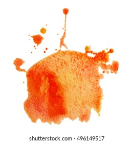 Expressive abstract watercolor stain with splashes and drops of orange color. Watercolor background